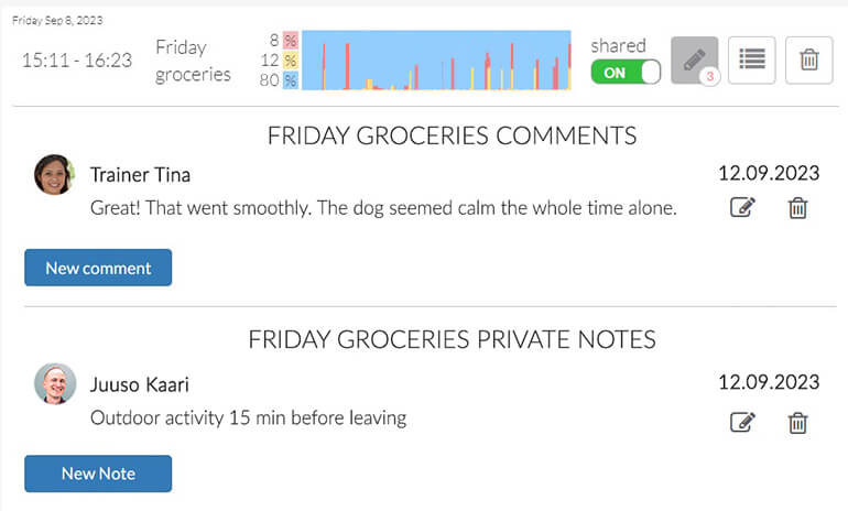 Recording notes and comments screenshot